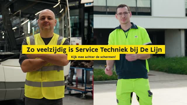 Zo veelzijdig is een job als technieker bij De Lijn

Meer dan 2 000 bussen en 400 trams doen rijden. En 55 stelplaatsen onderhouden.
Én verantwoordelijk zijn voor kilometers spoor en talloze hoog- en middenspanningsinstallaties, zowel boven- als ondergronds.
Onze techniekers doen het allemaal! 💪